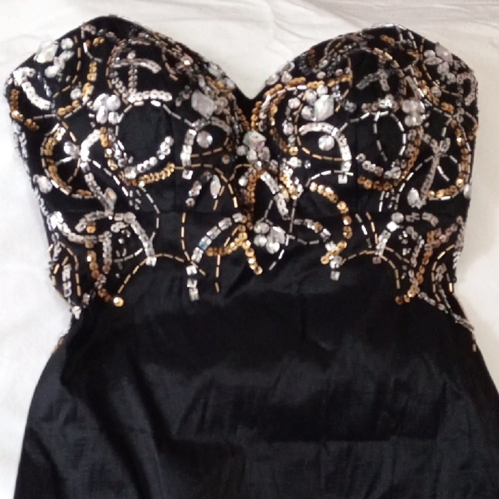 Elegant Black Strapless Dress with Gold and Silver Accents